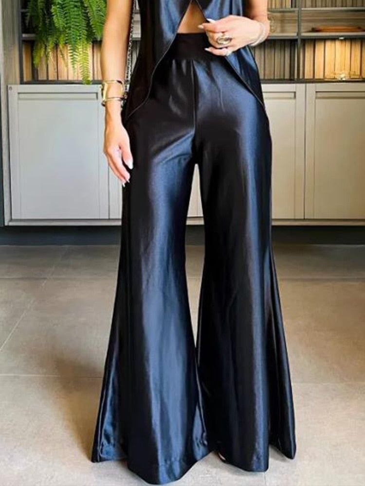 Silk Black Set Sleeveless Tank Split Top And Wide Leg Pants