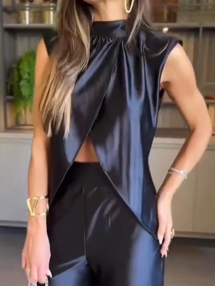 Silk Black Set Sleeveless Tank Split Top And Wide Leg Pants