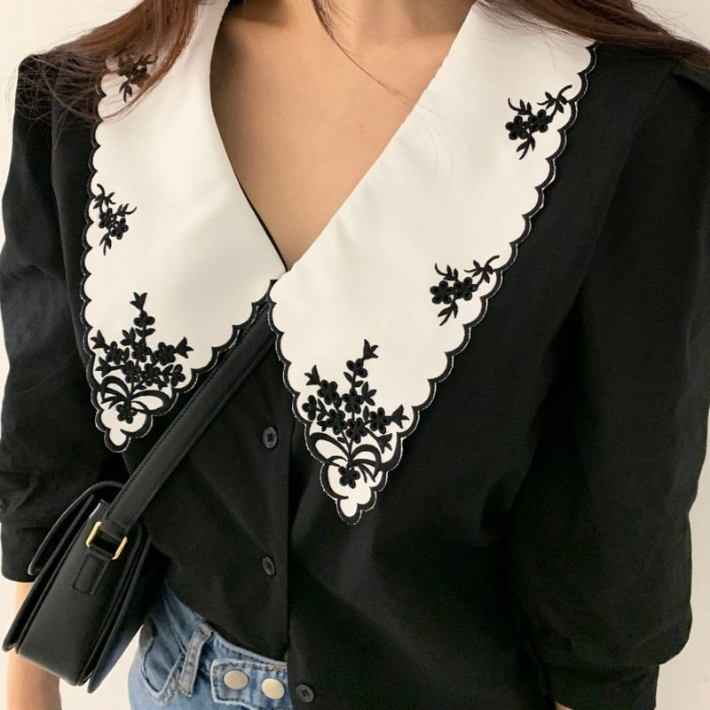 Elegant White Floral Embroidery Vintage Shirt