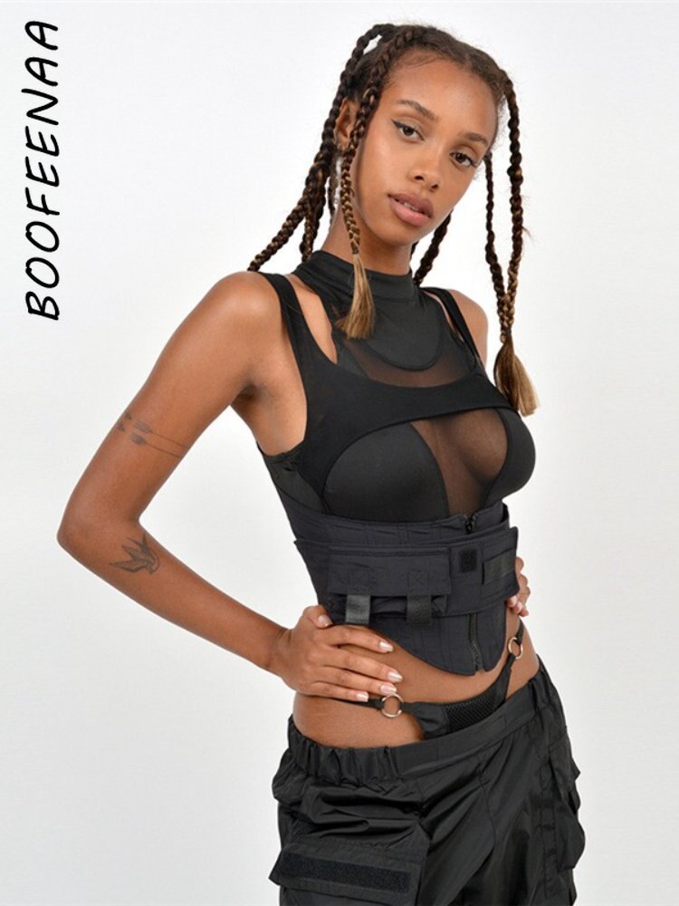 Street Fashion Black Cropped Tank Top See Through Mesh Patchwork